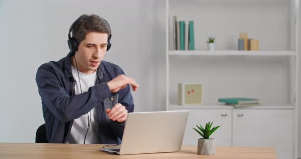 Caucasian Business Man Working with Laptop Online Remotely From Home Typing Browsing Net Finishing alt