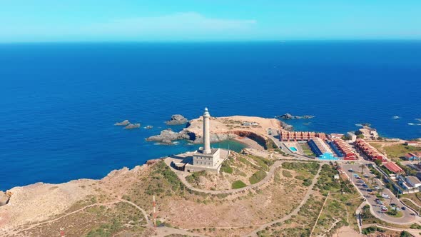 Aerial View. Lighthouse on Island, Spain Meditterian Sea alt
