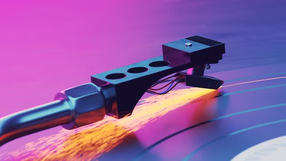 Record player cartridge closeup with sparks or fire particles. Retro mood. alt