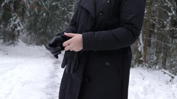 Young woman putting on leather gloves in the park with trees covered with snow. alt