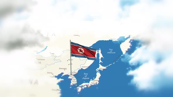 North Korea Map And Flag With Clouds