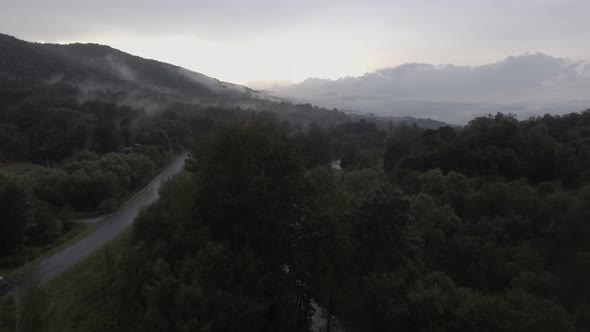 Aerial View of Foggy Mountain Morning