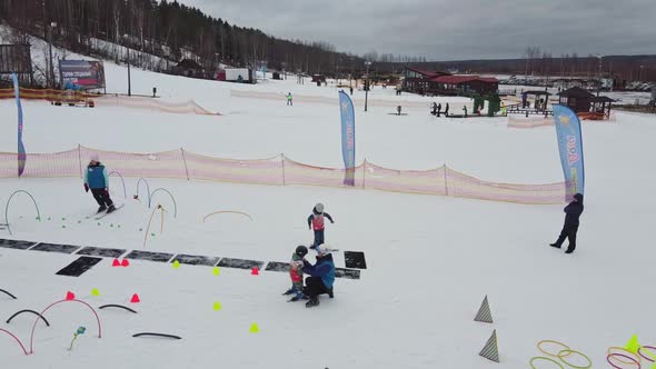 Aerial View of Downhill Skiing at Local Ski Resort. Ski Lift. Russia, Leningrdaskaya Oblast, Village