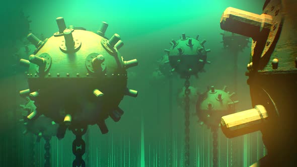 Naval underwater mines. Explosive bombs floating in the basin. Loopable. HD alt