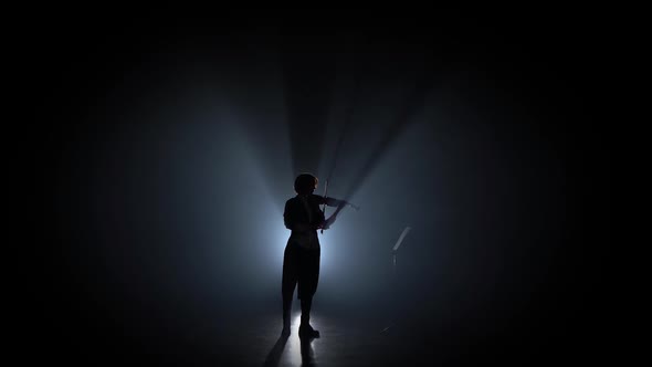 Woman Plays the Violin and Looks at the Music Stand in the Dark . Silhouette. Black Smoke Background alt