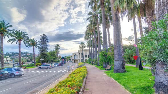 Evening View To Palms on the Center Street of BeaulieusurMer Timelapse Hyperlapse alt