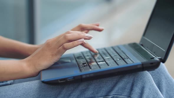 Business Woman College University Student Using Laptop Computer in City Street, Female Hands Typing alt