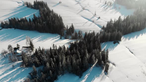 Drone View of Snowy Valley in Mountains with Trees in Haze and Bright Sunlight