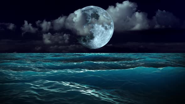 Magic waves of the sea above which the moon shines in the clouds.