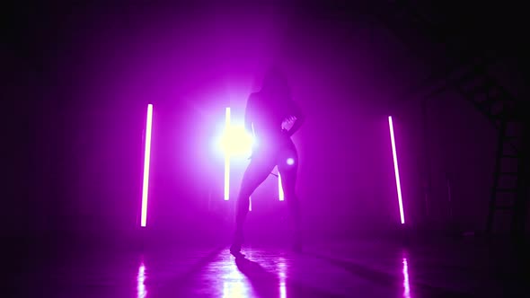 Young Woman Relaxed Dancing Sexy Dance Alone in Dark Purple Studio alt