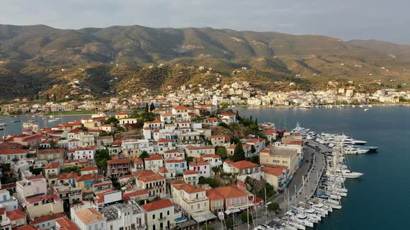 Aerial View of Poros Old Town and Marina or Seaport Greece  Drone Videography alt
