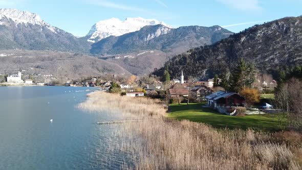 Panoramic Aerial View of Chateau De Duingt on Annecy Lake, France