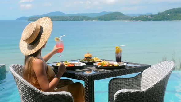 Traveler Tourist Woman in Straw Hat Relax Tropical Vacation Drinking Cocktail alt