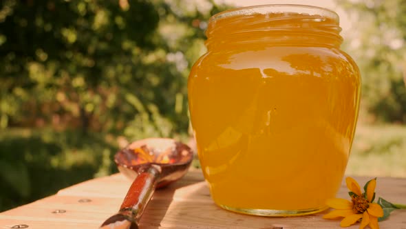 Jar with Fresh Golden Honey on a Wooden Table in the Garden