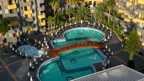 Hotels pool on the beach aerial view Turkey Alanya 4 K alt