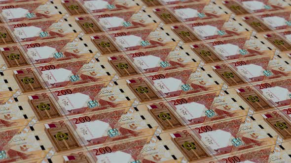 Two Hundred Qatar Riyals. It's Moving To The Right. Looped Animation. alt
