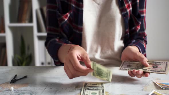 A Tourist Counts Cash Banknotes, Money Set Aside For A Trip, Preparing Travel For A Vacation Summer alt