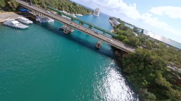 Charles Bluhdorn Bridge With Yachts And Boats At Marina In La Romana, Dominican Republic. - aerial F alt
