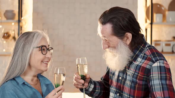 Smiling Senior Couple Toasting with Champagne in the Kitchen alt