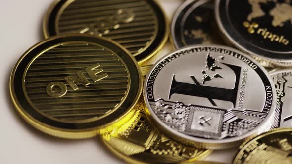 Rotating shot of Bitcoins  alt