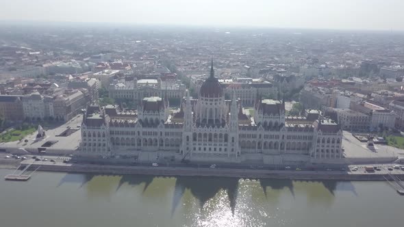 Aerial view of Parliament palace of Budapest on Danube riverside. Hungary