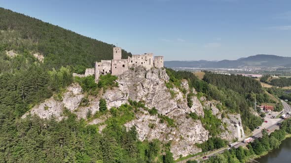 Aerial view of the castle in the village of Strecno in Slovakia