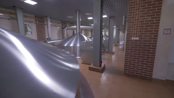 Modern Equipment in Brewhouse of Brewery, Moving Shot
