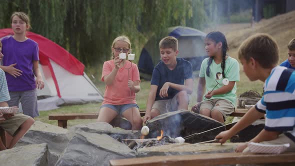 Kids at summer camp around campfire