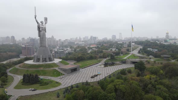 Symbol of Kyiv, Ukraine: Motherland Monument. Aerial View, Slow Motion. Kiev alt