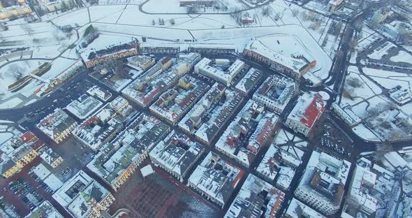 Winter aerial drone view of small town