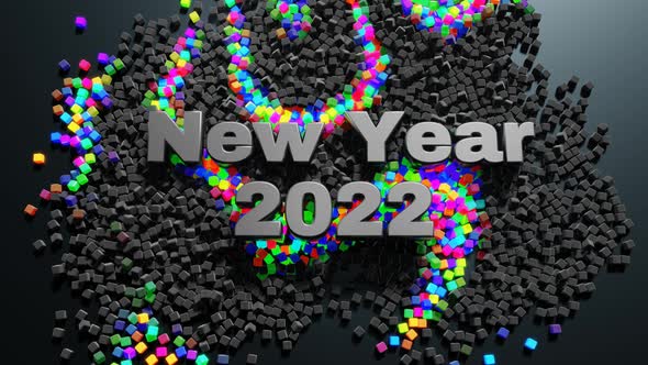 3D New Year's Looped Background with Inscription New Year and Garland Cubes Scattered on Plane Light alt