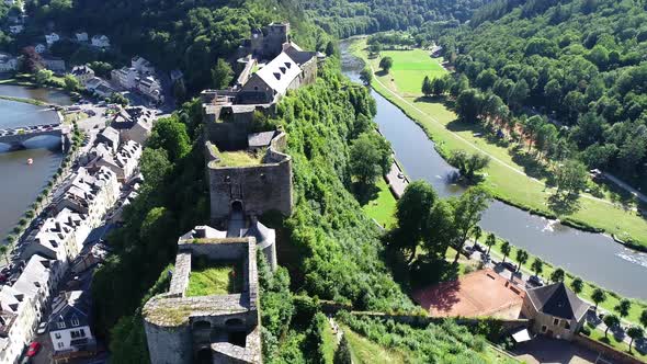 Aerial view of Bouillon Castle n the province of Luxembourg, Belgium