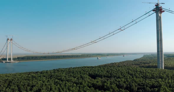 Construction Of Suspension Bridge Over Danube River Connecting Braila And Tulcea In Romania. drone a alt