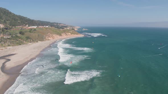 Aerial Drone Shot of a Beach Kiteboarders and Windsurfers (Waddell Beach, Pacific Coast Highway, CA)