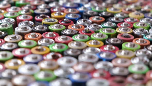 Close Up Top View of Rows of AA Energy Batteries Abstract Background of Colorful Batteries alt