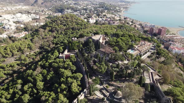Gibralfaro castle overlooking Malaga city. Aerial reverse