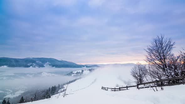 Mountain Peak with Snow Blow By Wind. Winter Landscape. Cold Day, with Snow