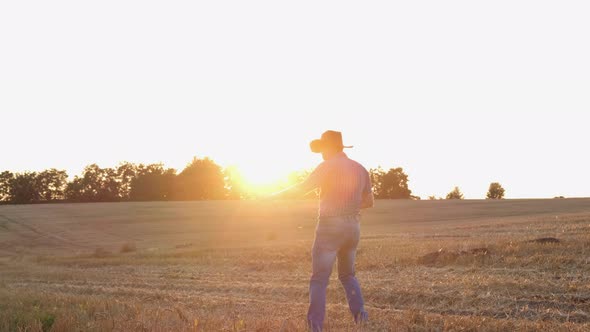Silhouette of a Farmer Man Dancing at Sunset While Enjoying on a Wheat Field alt