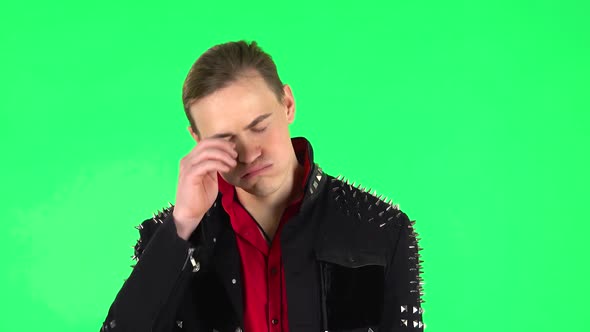 Guy Is Upset and Tired. Green Screen alt