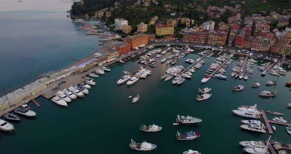Pleasure boats and yachts moored in marina, Santa Margherita Ligure; aerial arc alt