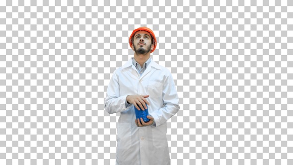 Engineer in helmet and white coat launching, Alpha Channel