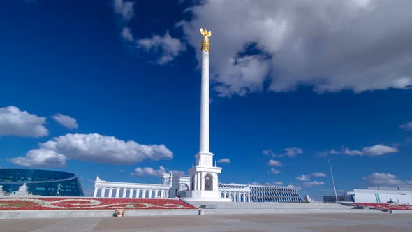 View of the Kazakh Eli Monument Timelapse Hyperlapse on Independence Square in Astana the Capital of alt
