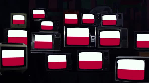 Stacked Retro TVs Displaying National Flag of Poland on Screens alt