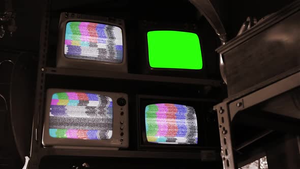 Retro TV Turning On Chroma Key Green Screen in Antique Store. Sepia Tone.