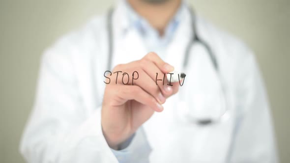 Stop HIV, Doctor Writing on Transparent Screen alt