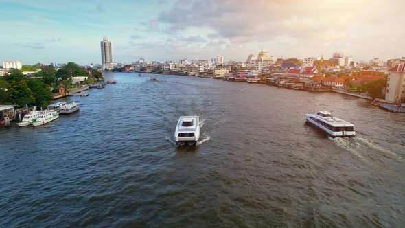 4K UHD : Bangkok River drone view. Flying over the Chao Phraya River alt