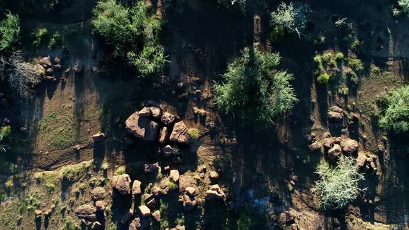 Aerial landscape with a dry riverbed in the arid, rocky region of southern Namibia alt