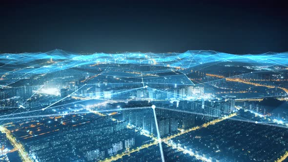 smart Connected city skyline. Futuristic network concept, city Technology. alt