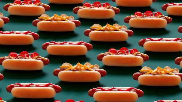 Tasty hot dogs in rows are jumping and moving together in one direction. Loop. alt