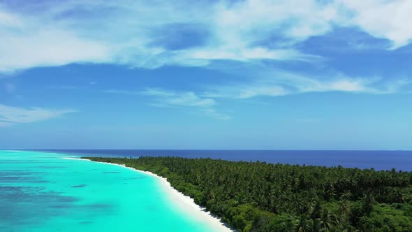Aerial drone nature of relaxing resort beach wildlife by blue green sea and white sand background of alt